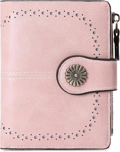 Vista 8 de Cartera pequeña para mujer, de piel, plegable, compacta, con bloqueo RFID, con bolsillo con cremallera para monedas, A01 Rojo Vino, Classic
