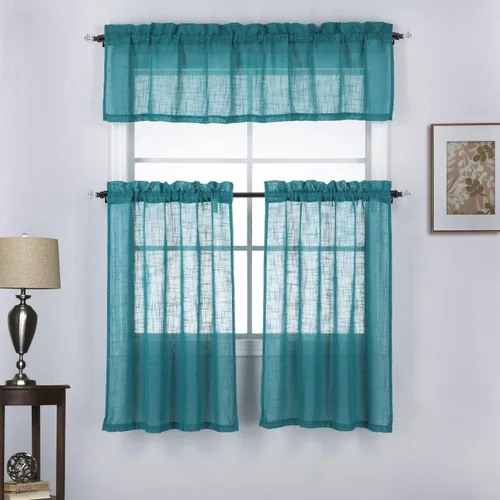 Vista 8 de Juego de 3 cortinas de lino con textura para ventana de cocina y cafetería, 24 pulgadas de largo, color negro