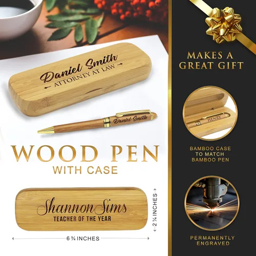 Vista 2 de Bolígrafo personalizado de My Personal Memories grabado con estuche personalizado - Juego de bolígrafos de madera para abogados, médicos, maestros