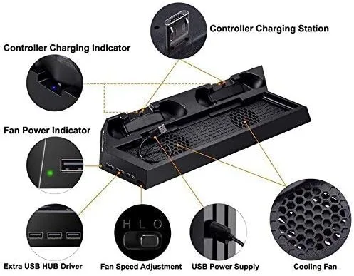 Vista 3 de OSTENT Cargador de doble controlador ventilador de refrigeración USB Hub Soporte vertical para consola Sony PS4SlimPro