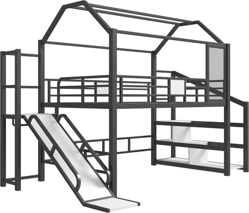 Vista 13 de Bellemave Cama Loft de Metal Tipo Casa Tamaño Twin con Tobogán y Escaleras, Marco de Cama Loft Casa de Juegos de Servicio Pesado con Estantes