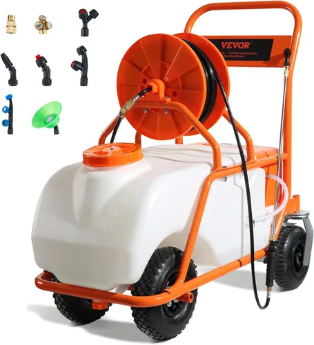 Vista 11 de VEVOR Pulverizador de mochila con batería de 4 galones con carro con ruedas, ajustable de 0-94 PSI, manguera de 13 pies, 6 boquillas, 2 varitas