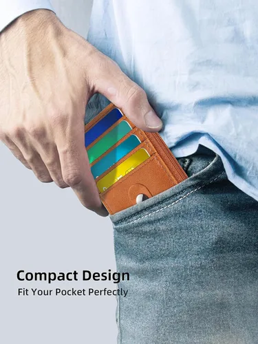 Vista 8 de Cartera delgada minimalista con bolsillo frontal, bloqueo RFID, tarjetero con ventana para identificación, 6 ranuras para tarjetas, cartera