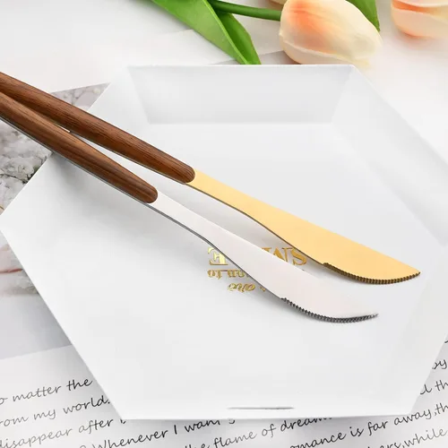 Vista 6 de Juego de cubiertos de 24 piezas de mango de madera, juego de cubiertos de acero inoxidable de madera, cuchillo de cena, tenedor, cucharadita