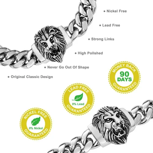 Vista 5 de Cadena de eslabones cubanos para hombre, gargantilla de león, collar de plata Hip Hop de 18 pulgadas, 20 pulgadas y pulsera de 8.5 pulgadas, juego
