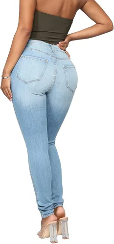Vista 19 de KUNMI - Pantalones de mezclilla clásicos de cintura alta para mujer, elásticos, con efecto de levantamiento de glúteos, ajustados