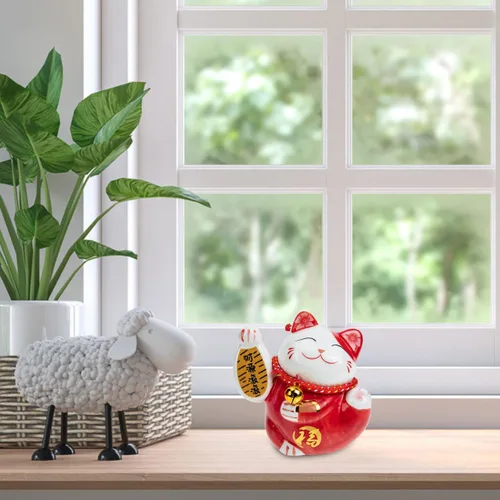 Vista 4 de Tofficu Adorable banco de monedas de cerámica roja de gato de la suerte, decoración de Feng Shui, bonita decoración de habitación, gato chino