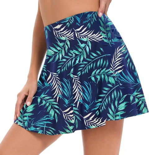 Vista 4 de Oyamiki Trajes de baño de cintura alta para mujer, con control de abdomen, falda pantalón con bolsillo con cremallera y falda de natación