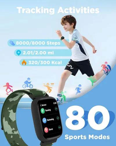 Vista 3 de BIGGERFIVE Reloj inteligente para niños, reloj de seguimiento de actividad física de 1.8 pulgadas, podómetro, frecuencia cardíaca, monitor de sueño