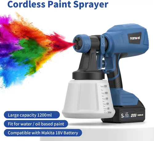 Vista 2 de NANWEI Pulverizador de pintura inalámbrico con 2 baterías, pistola de pulverización HVLP con recipiente de 40.6 fl oz, con 4 boquillas y 3 patrones