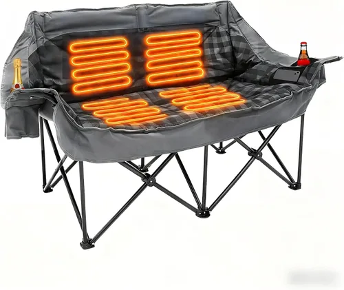 Vista 8 de Silla de Campamento Doble Climatizada con 2 Baterías, Sofá de Campamento Acolchado con 3 Niveles de Calor y 4 Zonas de Calefacción, Sofá de Dos