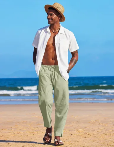 Vista 3 de COOFANDY Pantalones harén de lino con cordón para hombre, cintura elástica, ligeros, pantalones hippie, verano, playa, yoga