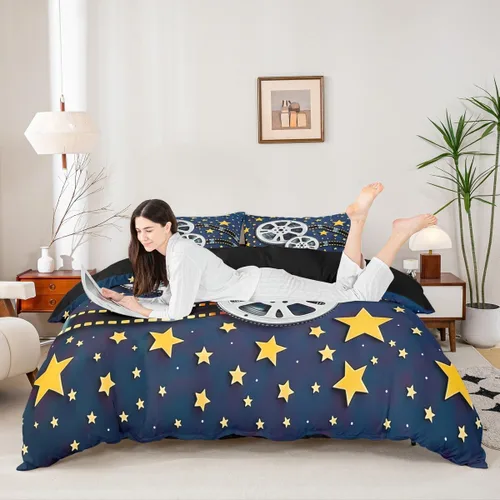 Vista 18 de Homewish Theater Cinema Poster Duvet Cover Set Twin Size,Retro Movie Bedding Sets 2Pcs for Kids Girls Boys Teens Room Decor,Popcorn Comforter Cover