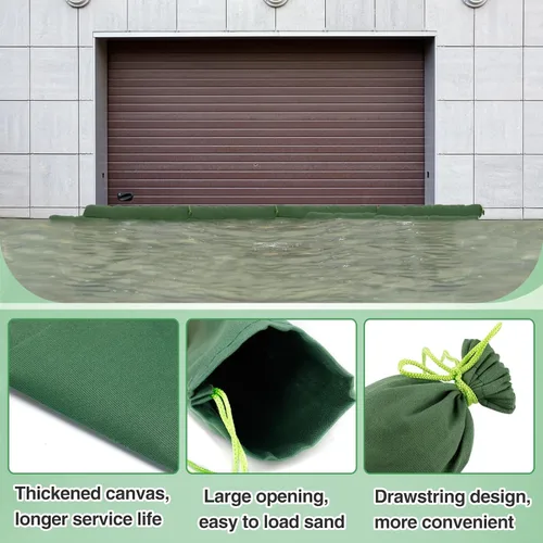 Vista 2 de 4 bolsas de arena de 3 x 6 pulgadas de largo para inundaciones – Tubo de lona gruesa para protección contra inundaciones con banda elástica, tubo