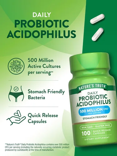 Vista 5 de Probióticos para hombres y mujeres Apoyo digestivo 500 millones de UFC 100 cápsulas Acidophilus Por Nature's Truth