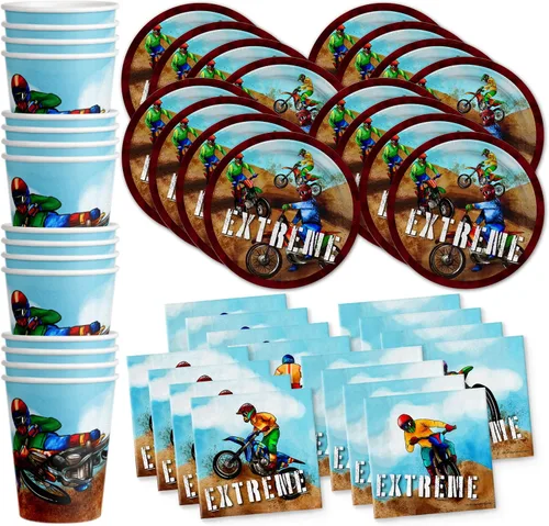 Vista 19 de Juego de suministros para fiesta de cumpleaños de motociclistas, platos, servilletas, vasos, vajilla para 16