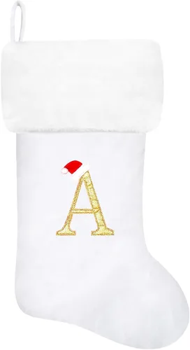 Vista 111 de Calcetines de Navidad bordados de 20 pulgadas con monograma, terciopelo negro con puño de felpa blanca supersuave, adornos clásicos para decoración