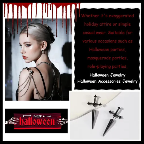 Vista 4 de Pendientes de espada gótica, estilo punk, aretes de daga de cristal con diamantes de imitación, joyería gótica de Halloween, joyería caprichosa A1