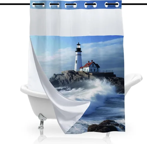 Vista 10 de Cortina de ducha con diseño de océano azul, faro, náutico, costero, escénico, naturaleza, rock, blanco, juego de decoración de baño, lavable a