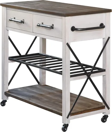 Vista 2 de FirsTime & Co. Carrito de cocina Aurora blanco y marrón, barra de café y soporte para microondas, isla sobre ruedas con almacenamiento, madera