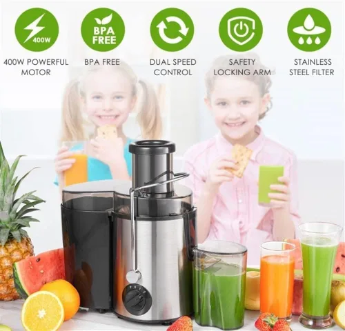 Vista 3 de Máquina exprimidora, exprimidor centrífugo, extractor centrífugo de 2 velocidades, extractor para frutas y verduras, sin BPA, fácil de limpiar, 400