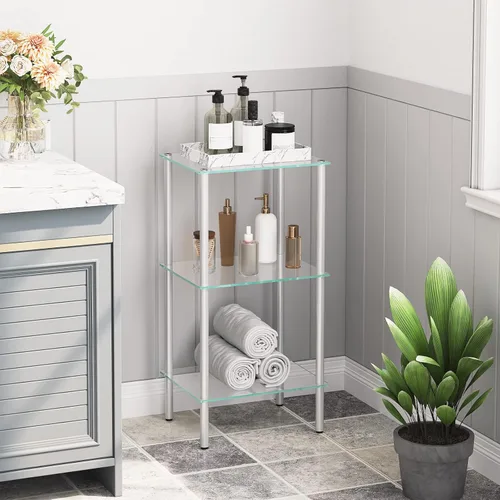 Vista 2 de HOOBRO Estante de cristal, unidad de estante de pie de baño de 3 niveles, estante de vidrio templado para espacio pequeño, organizador de soporte