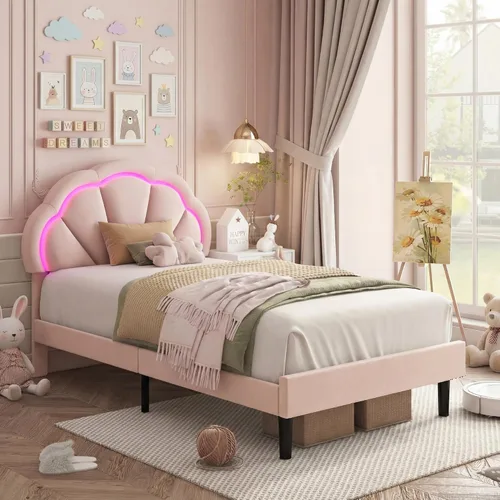 Vista 12 de Base de cama LED tapizada individual para niñas con cabecero de pétalos ajustable, color beige