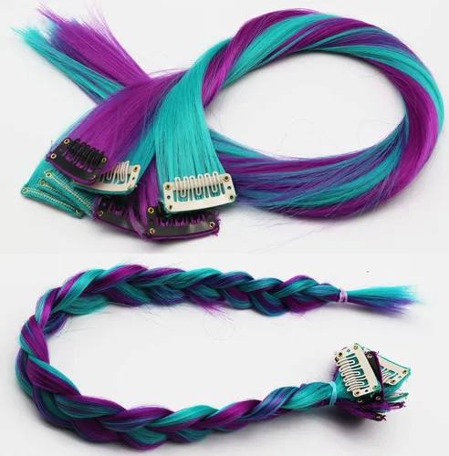 Vista 5 de 12 extensiones de cabello de colores rectas de 20 pulgadas, extensiones de cabello sintético con clip, color arcoíris, con reflejos, para fiesta