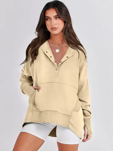 Vista 7 de ANRABESS Sudadera casual con botones y cuello en V para mujer, sudadera de gran tamaño con capucha y bolsillos
