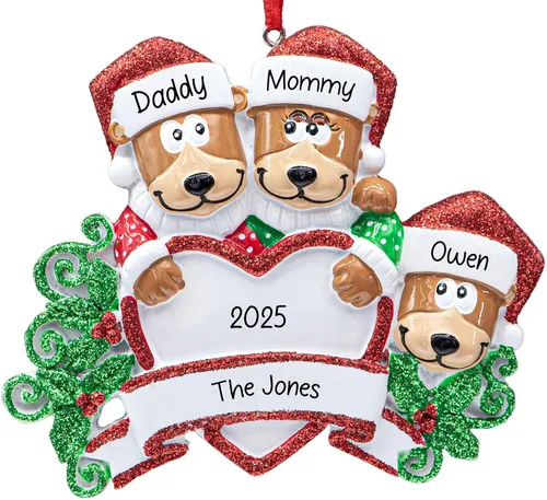 Vista 10 de Adorno de Navidad personalizado de familia de 5 con corazón de oso negro 2026 Padres e hijos personalizados para el árbol de Navidad Recuerdo