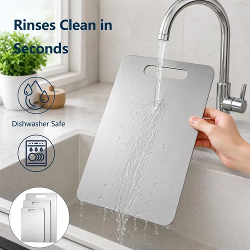 Vista 5 de Tabla de cortar, 3 piezas, tablas de cortar de acero inoxidable 304 de doble cara para cocina, aptas para lavavajillas, no tóxicas, tablas de cortar