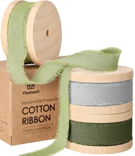 Vista 15 de Vitalizart Cinta de algodón azul bebé hecha a mano con flecos de 5/8 pulgadas x 21 yardas, cintas de algodón natural puro para envolver regalos