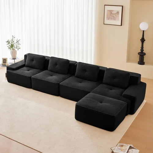 Vista 91 de Sofá moderno comprimido sin armazón de 116", sofás seccionales de 3 plazas para sala de estar, sofá seccional modular de pana verde nube, espuma