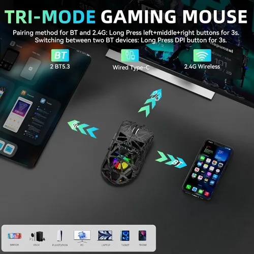 Vista 3 de Aula SC620 - Ratón inalámbrico para juegos, triple modo de 2.4 GHz/USB-C/BT5.3 con 12000 DPI, mouse macro gamer programable con llave de fuego
