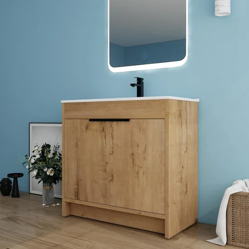 Vista 14 de Tocador de baño pequeño de 16 pulgadas con lavabo, tocador de baño independiente de 16" para espacios pequeños, gabinete de madera contrachapada