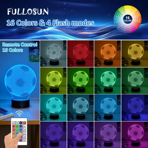 Vista 5 de FULLOSUN Luz nocturna para niños, fútbol, lámpara de ilusión óptica 3D con control remoto, 16 colores cambiantes, fútbol, cumpleaños, Navidad, día