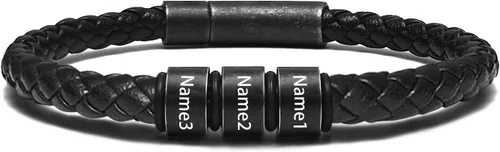 Vista 26 de Pulsera personalizada para hombre con cuentas de nombre personalizadas, pulsera de cuero trenzado personalizada grabada con 2-6 nombres