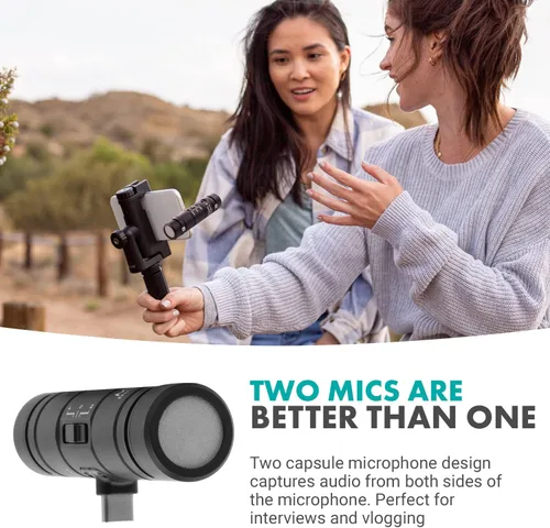 Vista 4 de Movo DoubleMic-UC - Micrófono de teléfono de doble cápsula para dispositivos USB-C, condensador cardioide de dos caras, micrófono de escopeta