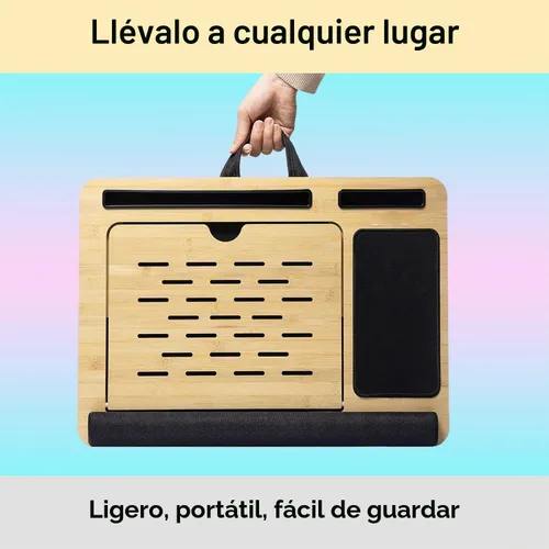 Vista 6 de Soporte plegable de madera para laptop para escritorio – Lapdesk ajustable y portátil con almohadilla – Elevador de laptop ergonómico de madera