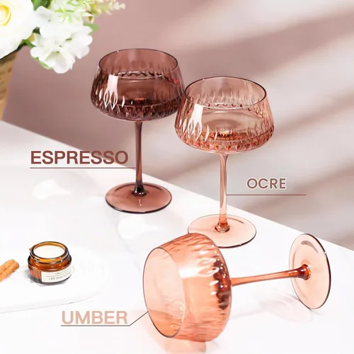 Vista 6 de Juego de 6 vasos de Martini marrón, 14 onzas, grandes vasos vintage para cócteles y champán, cristalería de colores elegantes para bar en casa