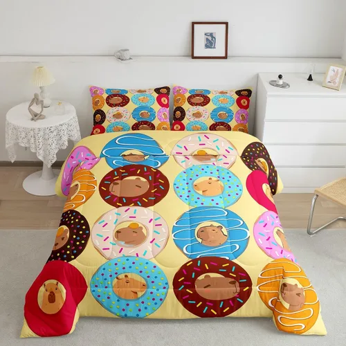 Vista 13 de Feelyou Juego de edredón de dibujos animados de Capybara, tamaño individual con 1 funda de almohada, juego de ropa de cama con estampado de Multi 02