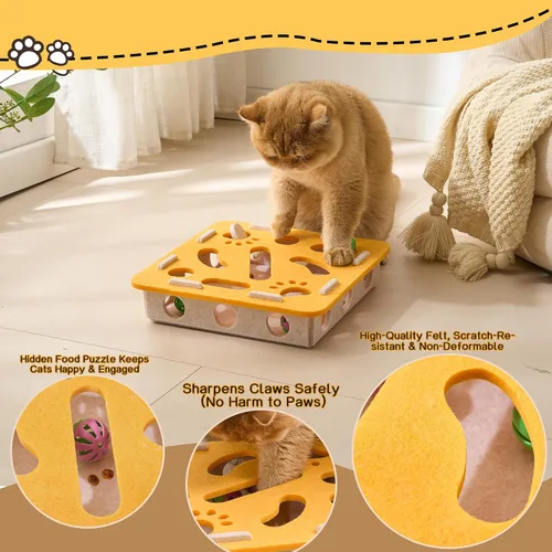 Vista 6 de Juguete interactivo de rompecabezas para gatos, caja de laberinto de fieltro con 3 bolas de cascabel para gatos de interior, estimulación mental