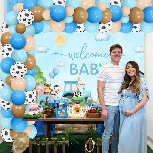 Vista 4 de Decoraciones de baby shower de animales de granja azules – Kit de arco de guirnalda de globos de animales de granja con fondo de bienvenida