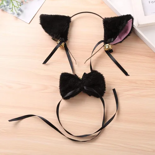 Vista 2 de TiaoBug Juego de disfraz de gato diseño de orejas de gato pajarita y cola para Halloween fiesta de Halloween accesorios de disfraz negro aro de pelo