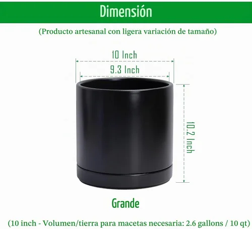 Vista 3 de D'vine Dev Maceta de cerámica de 10 pulgadas con orificio de drenaje y platillo, maceta redonda cilíndrica para interiores, color negro, 94-O-E-2