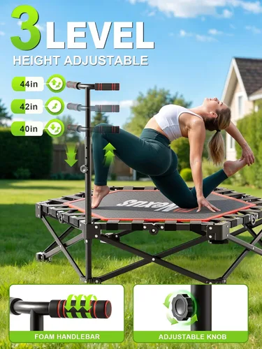 Vista 2 de 42" Foldable Mini Trampoline- 450lb Capacity Fitness Rebounder w/3-Level Adjustable T-Bar, Adults Workout Trampoline, Non-Slip Pad Foldable Design
