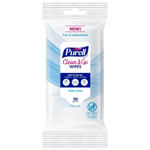 Vista 2 de Purell Toallitas de limpieza Clean & Go, para piel y superficie, aroma fresco, paquete de viaje de 20 unidades (pack de 12), 9269-12-CMR