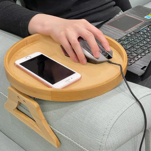 Vista 4 de Pekokavo - Bandeja de clip para brazo de sofá, mesa auxiliar para controles remotos/bebidas/soporte para gamepads (bambú)