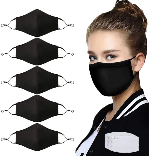 Vista 7 de NBDIB Protección facial ajustable para adultos con bolsillo para filtro y alambre para la nariz, máscara de tela transpirable negra con 10 filtros