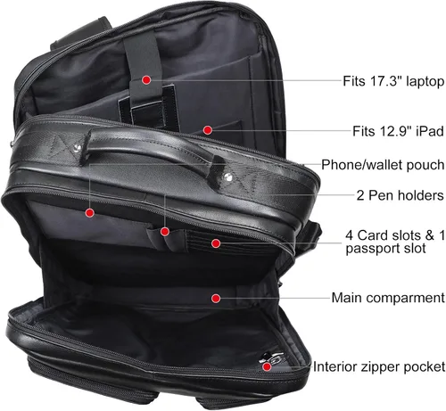 Vista 3 de TIDING Mochila para portátil de cuero de grano completo de 17.3 pulgadas para hombres, multibolsillos, casual, mochila de viaje de negocios, Negro